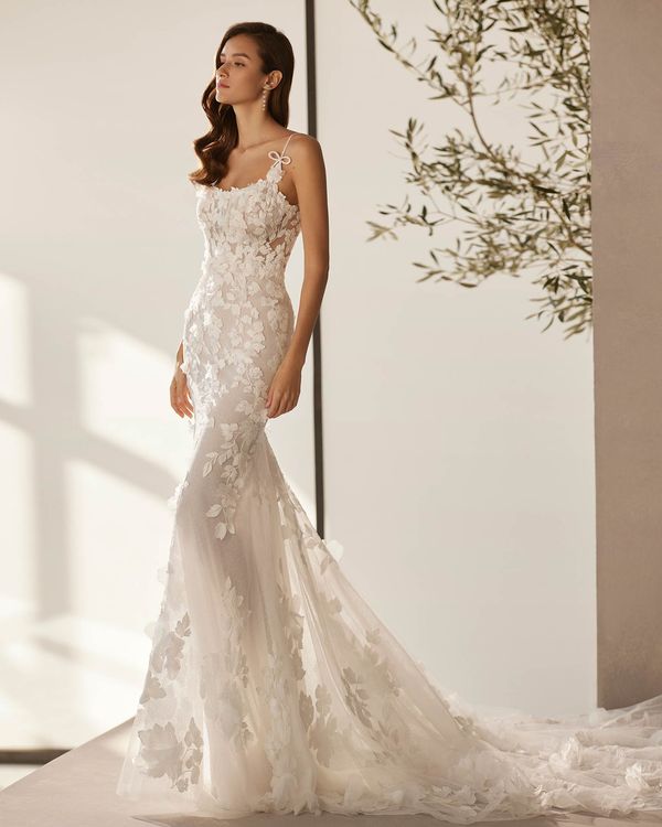 Clara white lace bardot fishtail bridal dress best sale